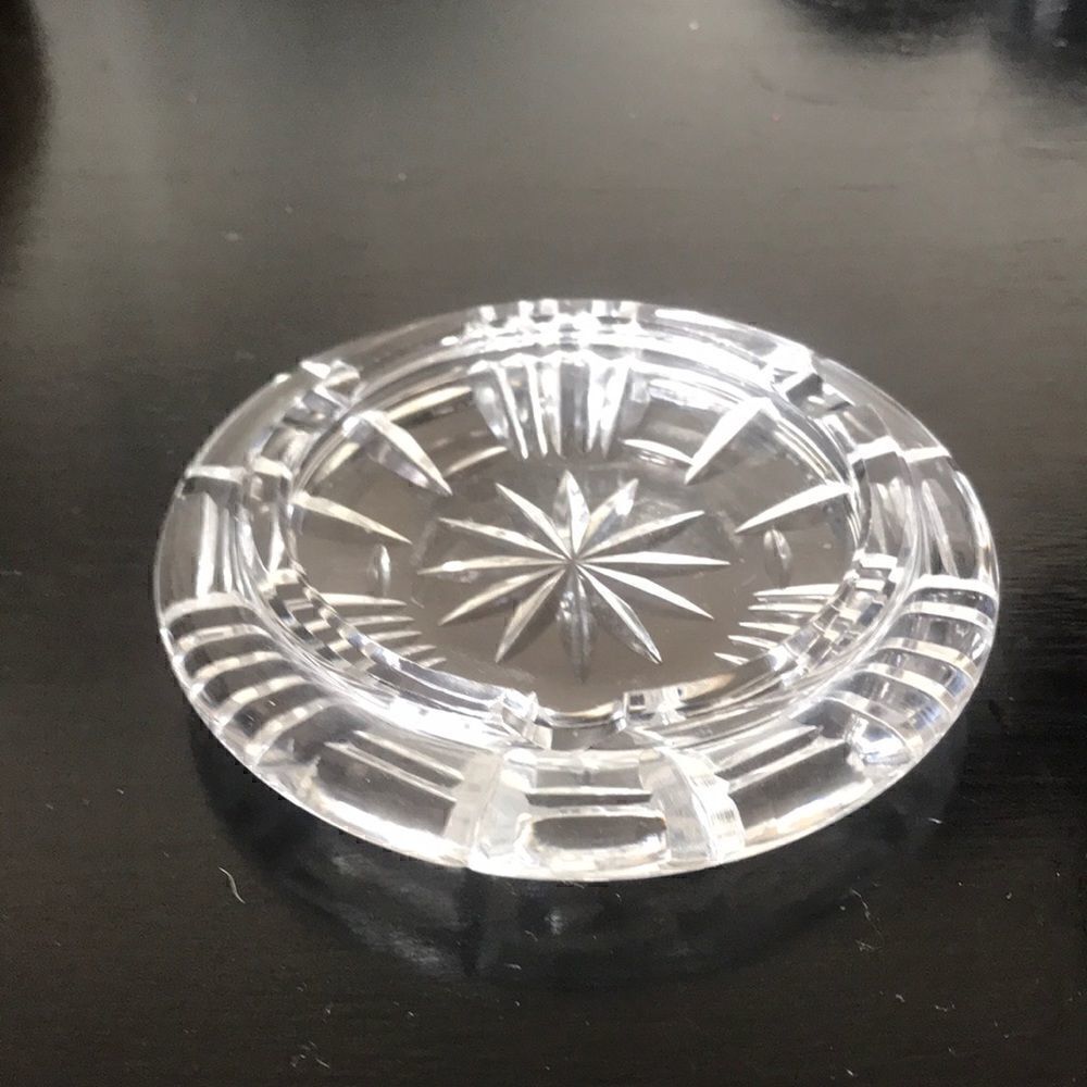 Vintage Crystal Lead Heavy Ashtray Round Cut Art Glass Star Design
